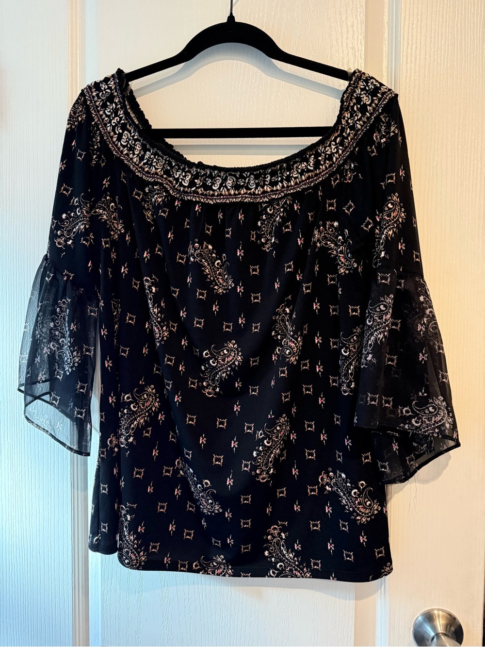 White House Black Market Black Paisley Off-Shoulder Blouse